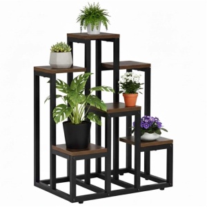Suport pentru flori cu 6 polite din lemn, structura metal, 51x34x68 cm, negru - Img 3