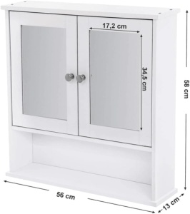 VASAGLE Dulap de baie de perete cu oglinda, 2 usi, compartiment deschis, rafturi reglabile, 13x56x58cm, alb - Img 2