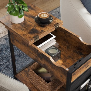VASAGLE Masa laterala pliabila, tip noptiera, cu prize si porturi USB, raft si geanta din textil, 60x32x60 cm, maro rustic - Img 5