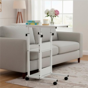 Birou reglabil pe inaltime cu rafturi si roti, blat din lemn si structura metalica, 80x40x76-86 cm, alb - Img 4