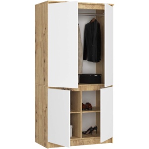 Dulap cu 4 usi, rafturi si bara pentru umerase, PAL laminat, 90x51x180 cm, stejar artisan si alb - Img 3