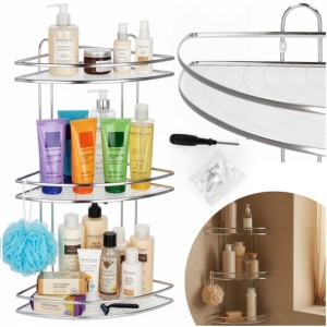 Etajera de colt pentru dus, cu 3 polite, montaj pe perete, inox, 25x25x59 cm, argintiu - Img 3