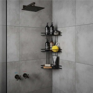 Etajera de colt pentru dus, cu 3 polite, montaj pe perete, inox, 25x25x59 cm, negru - Img 4