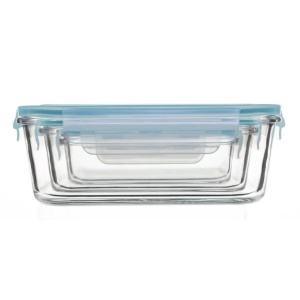Set 3 caserole din sticla patrate 5Five Clipeat, capac albastru, 2.2L + 800ml + 330ml - Img 5