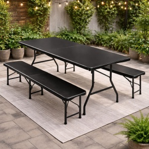 Set masa cu 2 banci pliabile tip valiza pentru gradina, camping sau evenimente, 180x70x74cm, negru - Img 6
