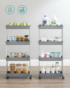 SONGMICS Carucior de depozitare pe roti, pentru bucatarie sau baie, din plastic, cu 4 nivele, 40x13x88cm, gri - Img 6