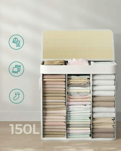 SONGMICS Cos de rufe din bambus, pliabil, cu captuseala detasabila lavabila, 3 compartimente, 150L, 60x40x62cm, alb - Img 2