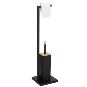 Stand cu perie WC si suport hartie igienica, metal si bambus, 79cm, negru - Img 2