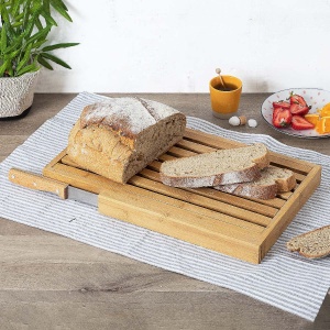 Tava pentru taiat paine Atmosphera din bambus cu cutit inclus, 44×27 cm, bej - Img 2