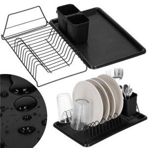 Uscator de vase metalic cu tava detasabila si suport tacamuri, 38x24x13 cm, negru - Img 5