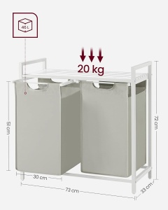 VASAGLE Cos de rufe, 2 compartimente, saci de rufe detasabili, raft, cadru metalic, 2x46L, 73x33x72 cm, alb - Img 5