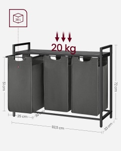 VASAGLE Cos de rufe, 3 compartimente, saci de rufe detasabili, raft, cadru metalic, 3x38L, 93x33x72 cm, negru - Img 5