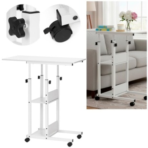 Birou reglabil pe inaltime cu rafturi si roti, blat din lemn si structura metalica, 80x40x76-86 cm, alb