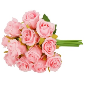 Buchet de flori artificiale din poliester, 12 fire trandafiri, 26cm, roz - Img 6