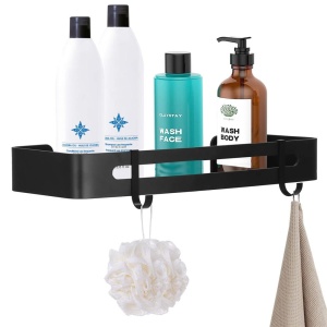 Raft de baie cu 2 agatatori, 2 sisteme instalare pe perete, aluminiu, 32x12x4cm, negru - Img 1
