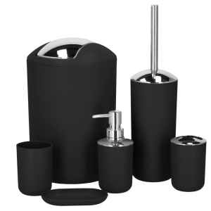 Set accesorii baie, 6 piese din plastic, cu perie WC si cos de gunoi, finisaj mat si lucios, negru argintiu - Img 6