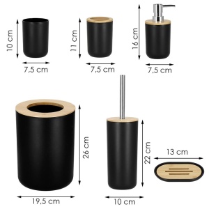 Set de accesorii rotunde pentru baie din plastic cu elemente bambus, 6 piese, negru - Img 5