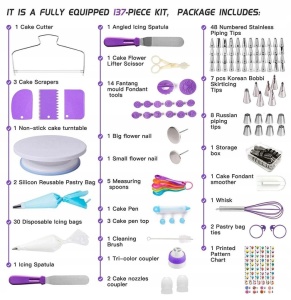 Set patiserie cu platou rotativ, 137 piese cu sabloane pentru ornarea prajiturilor - Img 2