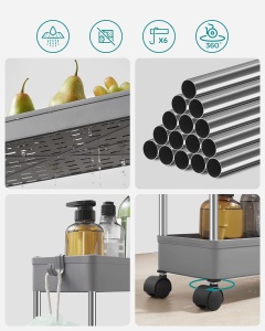 SONGMICS Carucior de depozitare pe roti, pentru bucatarie sau baie, din plastic, cu 4 nivele, 40x13x88cm, gri - Img 3