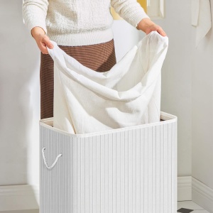 SONGMICS Cos de rufe din bambus cu capac, 2 compartimente, sac detasabil, volum 100L, 52x32x62cm, alb - Img 4