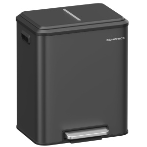 SONGMICS Cos gunoi metalic, 2 compartimente, 2×15 litri, pedala si inchidere silentioasa, negru