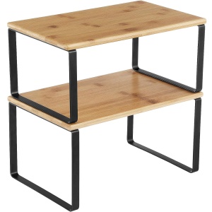 SONGMICS Set 2 rafturi de bucatarie suprapozabile, pentru ustensile sau condimente, 20x30x16cm, natur si negru