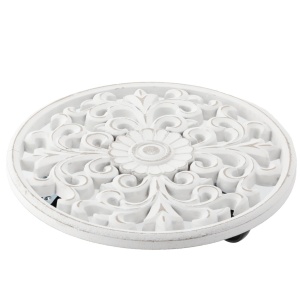 Suport ghiveci cu roti, rotund, din lemn, 30x30x7 cm, alb