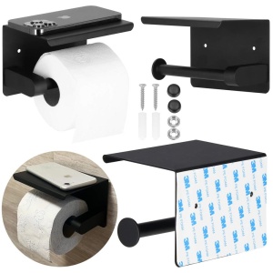 Suport hartie igienica din otel cu raft depozitare, prindere fara gaurire, 14cm, negru - Img 4
