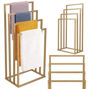 Suport metalic de baie pentru prosoape, cu 4 standuri, 96 cm, auriu mat - Img 5
