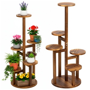 Suport pentru flori, din lemn si MDF, 6 niveluri pentru ghivece, 48x48x87 cm, maro - Img 3