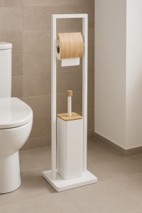 Suport WC cu perie 5Five Natureo, cu suport hartie igienica, metal si bambus, 20x20x80 cm, alb - Img 3