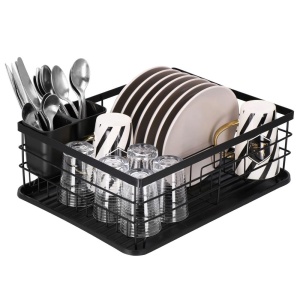 Uscator de vase cu suport tacamuri, din otel, cu tava de scurgere, 42x32x15cm, negru - Img 4