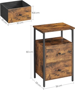VASAGLE Noptiera cu 2 sertare pentru dormitor, design industrial, 28x38x60cm, maro si negru - Img 3