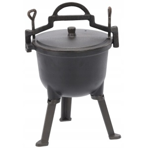 Ceaun vanatoresc din fonta, cu capac si picioare pentru gatit in aer liber, 5L, 25×42 cm, negru