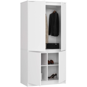 Dulap cu 4 usi, rafturi si bara pentru umerase, PAL laminat, 90x51x180 cm, alb mat - Img 2