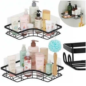 Set 2 polite de colt pentru dus, metalice cu montaj autoadeziv, inox, negru - Img 5
