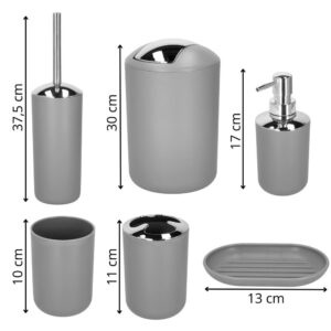 Set accesorii baie, 6 piese din plastic, cu perie WC si cos de gunoi, finisaj mat si lucios, gri argintiu - Img 2