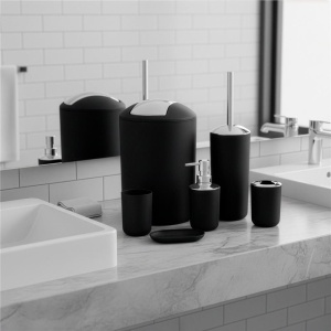 Set accesorii baie, 6 piese din plastic, cu perie WC si cos de gunoi, finisaj mat si lucios, negru argintiu - Img 3
