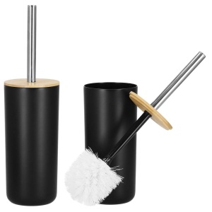 Set de accesorii rotunde pentru baie din plastic cu elemente bambus, 6 piese, negru - Img 2