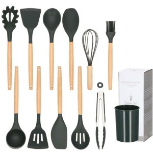 Set Sersimo 12 ustensile de bucatarie din silicon termorezistent si maner din bambus, gri - Img 5