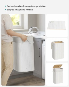 SONGMICS Cos de rufe din bambus, pliabil, cu captuseala detasabila lavabila, 72L, 40x30x60cm, alb
