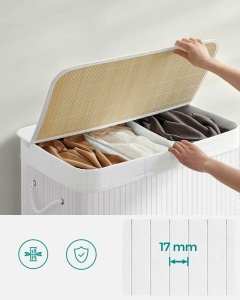 SONGMICS Cos de rufe din bambus, pliabil, cu captuseala detasabila lavabila, 3 compartimente, 150L, 60x40x62cm, alb - Img 6
