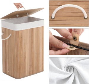 SONGMICS Cos de rufe din bambus, pliabil, cu captuseala detasabila lavabila, 72L, 40x30x60cm, natural - Img 6
