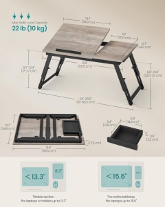 SONGMICS Masa laptop sau mic dejun cu picioare pliabile, din bambus, blat reglabil pe unghi si inaltime, 68x35x32 cm - Img 2