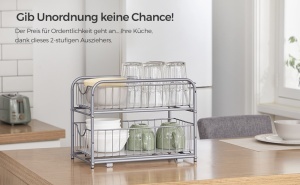 SONGMICS Raft organizator de depozitare cu 2 niveluri, cu sertare glisante, pentru bucatarie sau baie, 21x37x34cm, argintiu - Img 2