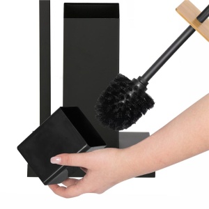 Stand cu perie WC si suport hartie igienica, metal si bambus, 79cm, negru - Img 6