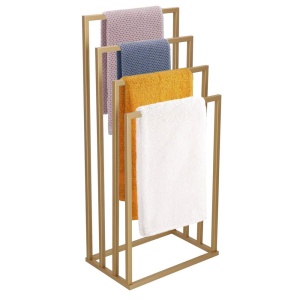 Suport metalic de baie pentru prosoape, cu 4 standuri, 96 cm, auriu mat - Img 2