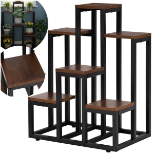 Suport pentru flori cu 6 polite din lemn, structura metal, 51x34x68 cm, negru - Img 4