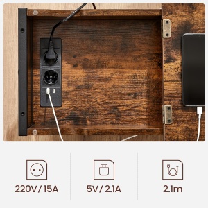 VASAGLE Masa laterala pliabila, tip noptiera, cu prize si porturi USB, raft si geanta din textil, 60x32x60 cm, maro rustic - Img 6