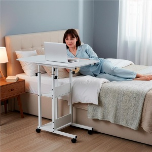 Birou reglabil pe inaltime cu rafturi si roti, blat din lemn si structura metalica, 80x40x76-86 cm, alb - Img 5